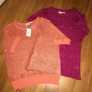 Bright raspberry and peach/orange sequin sweaters! New. Size S!